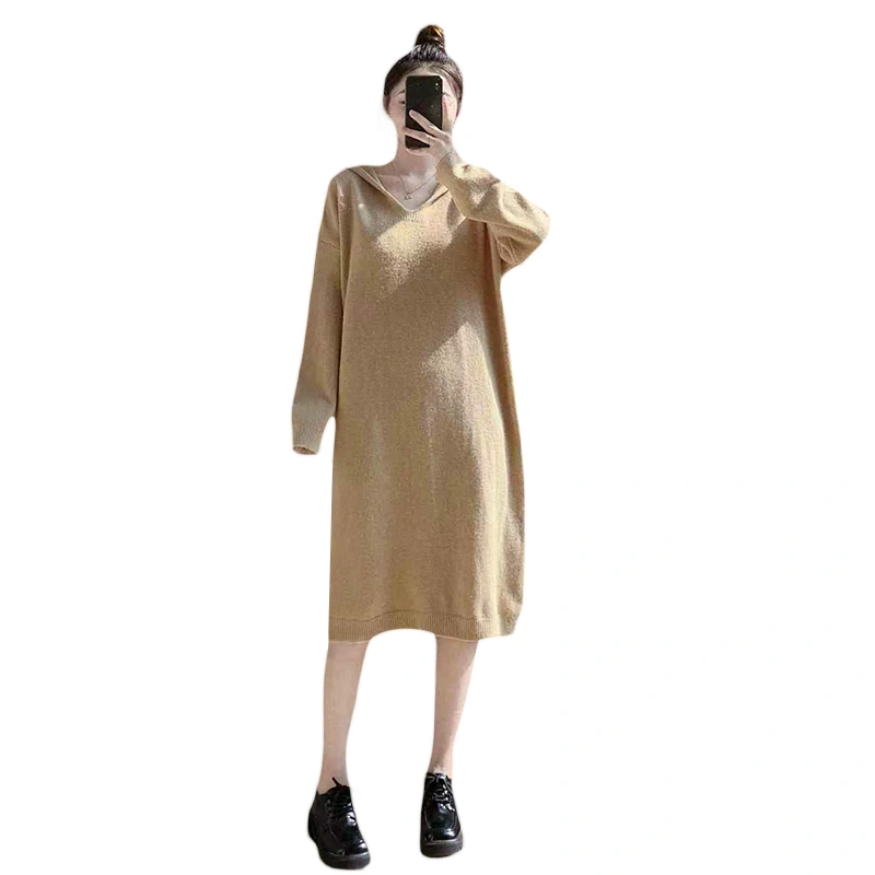 Women Sweater Dress Solid Color Hooded Long Sleeve Hoodies Dress