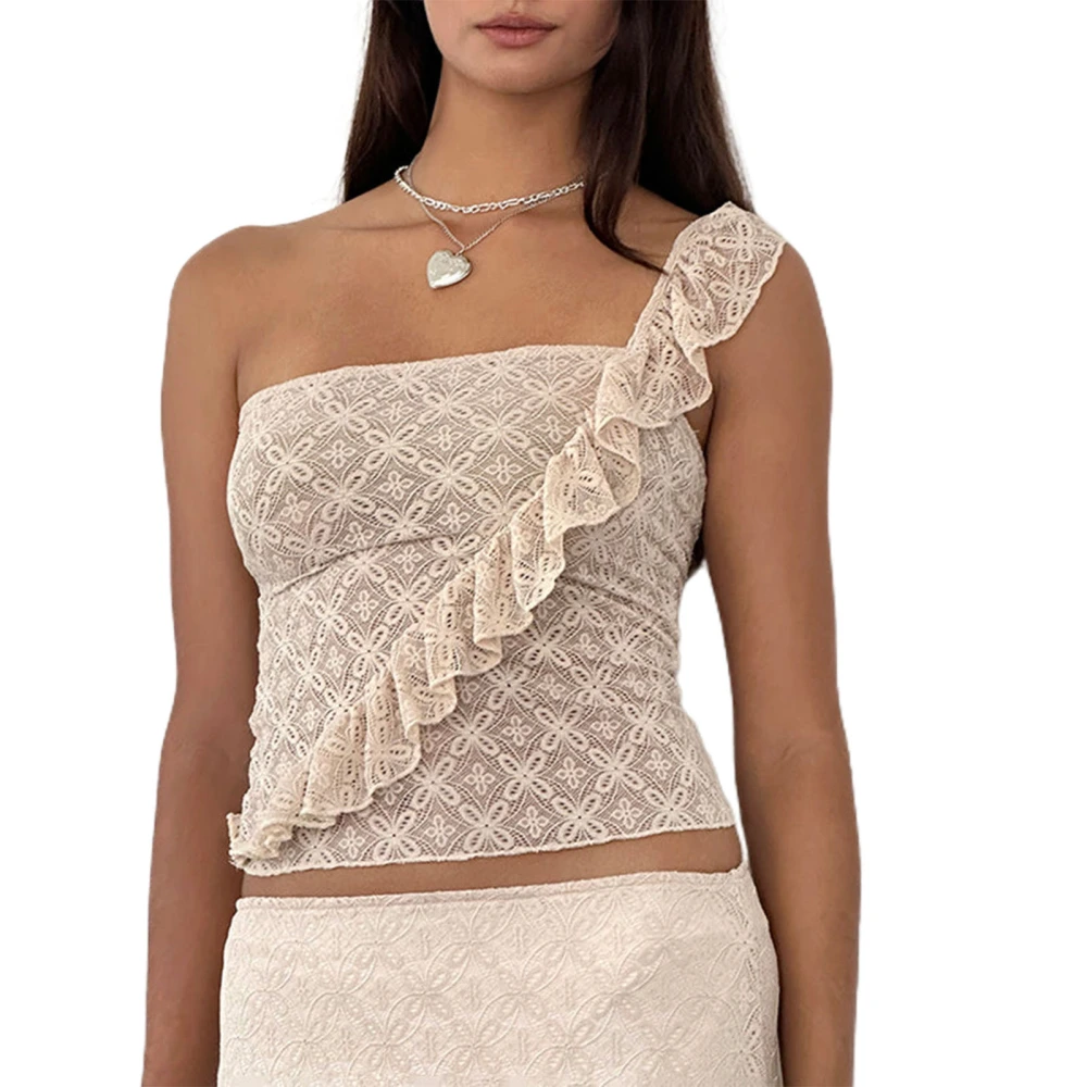 Women Tank Tops Sleeveless One Shoulder Irregular Rufle Lace Vest