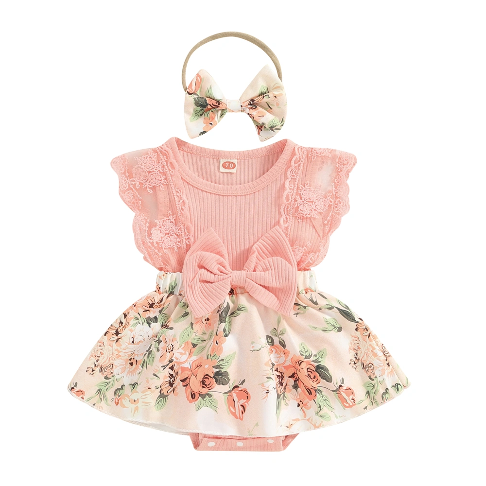 Baby Girl Jumpsuit Floral Print Lace Patchwork Romper and Headband