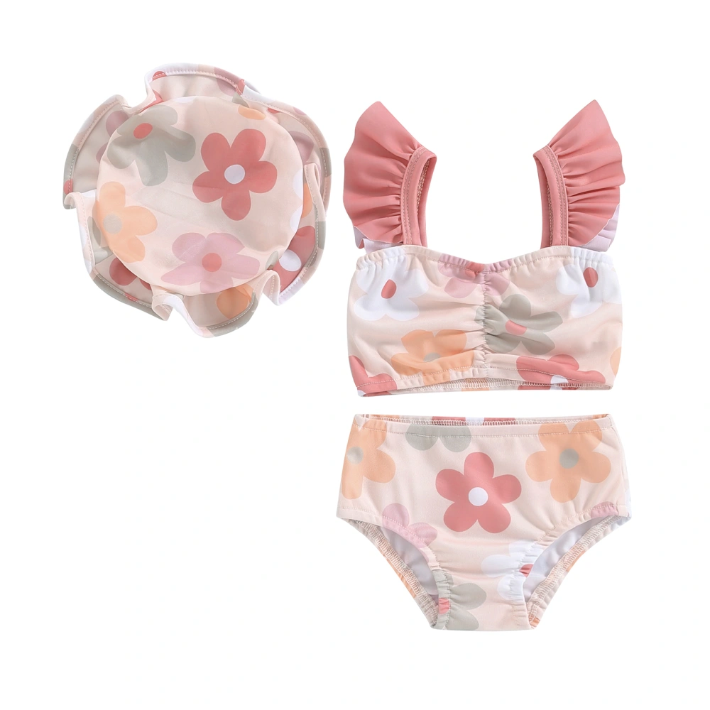 Toddler Baby Girls Summer Swimsuit Floral Print Tops Swim Shorts Cap