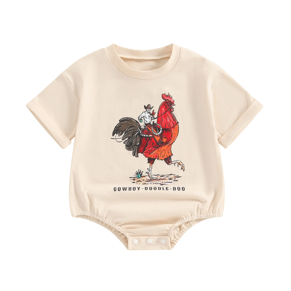 Baby Summer Romper Short Sleeve Crew Neck Letter Rooster Print Romper