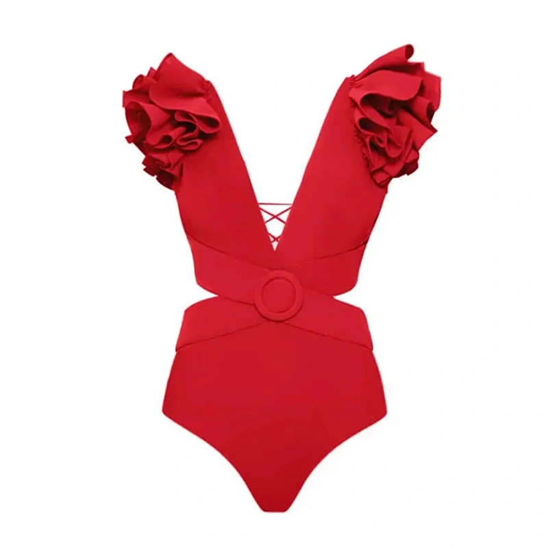 Women Swimwear Sleeveless V Neck Solid Color Ruffle Monokini Swimsuit