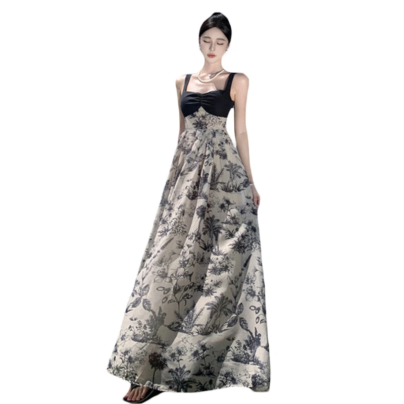 Women Sleeveless Dress Vintage Ink Floral Print Flowing A-Line Dress