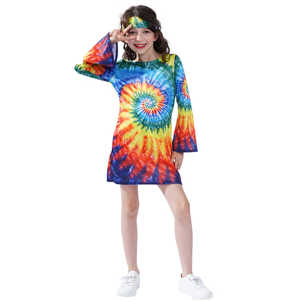 Girls Hippie Costume Set, Bell Sleeve Retro Dress + Colorful Headband