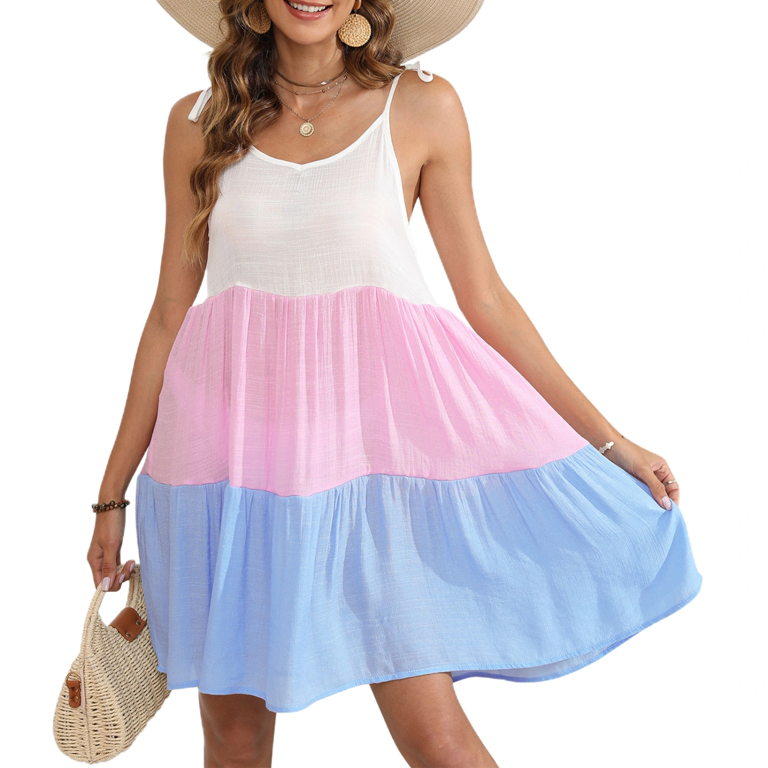 Women's Loose V Neck Contrast Color Tie Up Spaghetti Strap Beach Dress