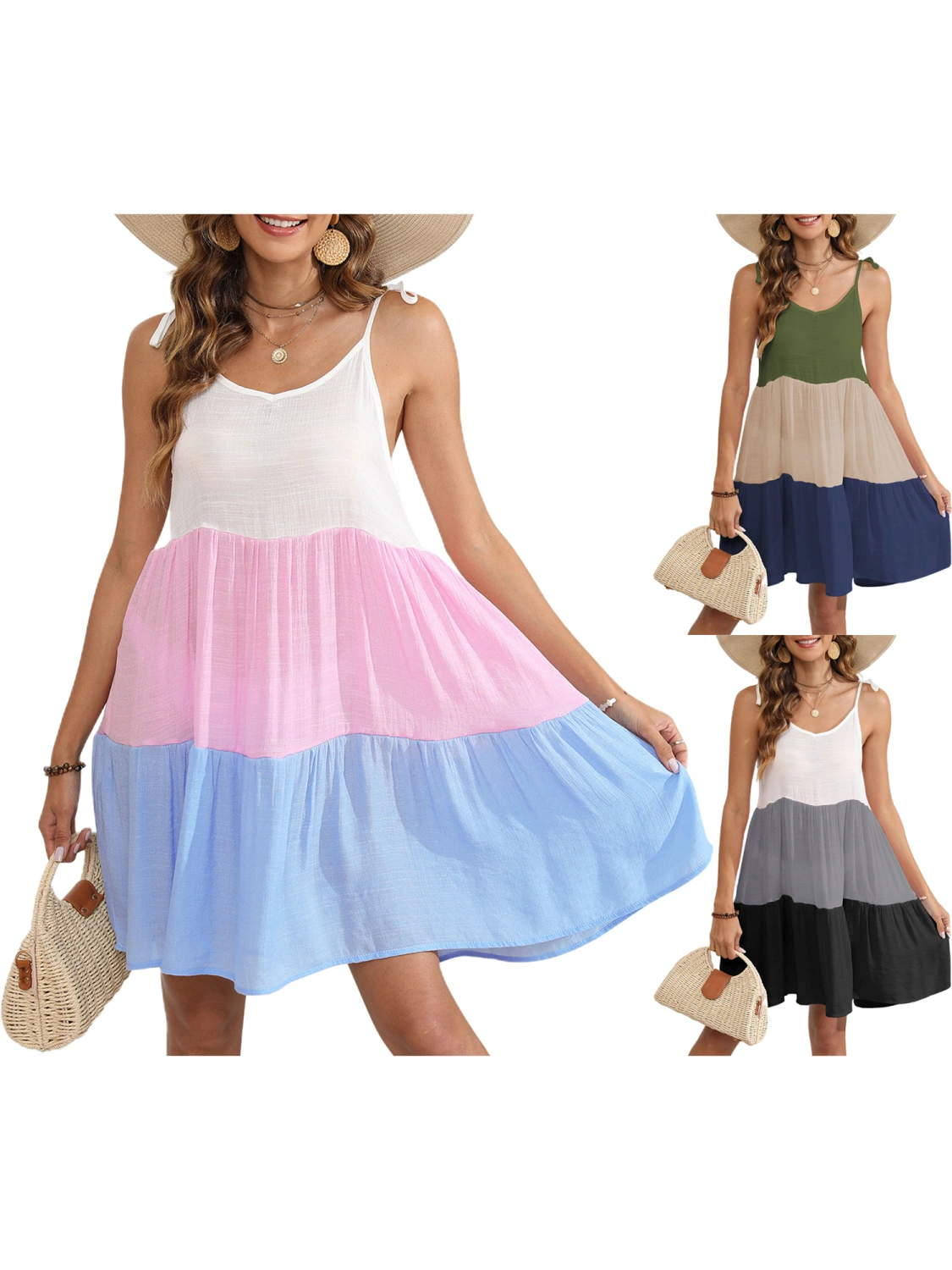 Women's Loose V Neck Contrast Color Tie Up Spaghetti Strap Beach Dress