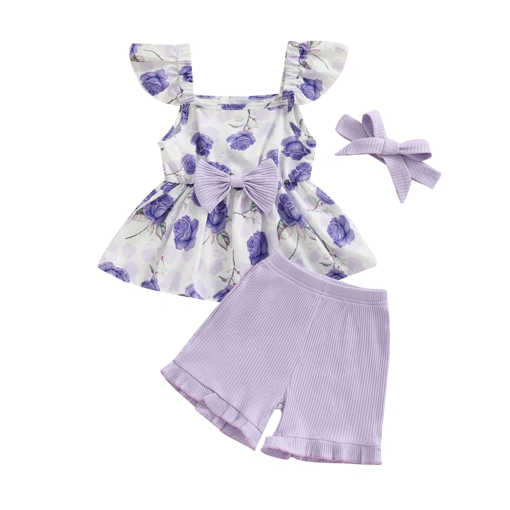 Baby Summer Outfits Floral Print Fly Sleeve Tops Shorts Headband