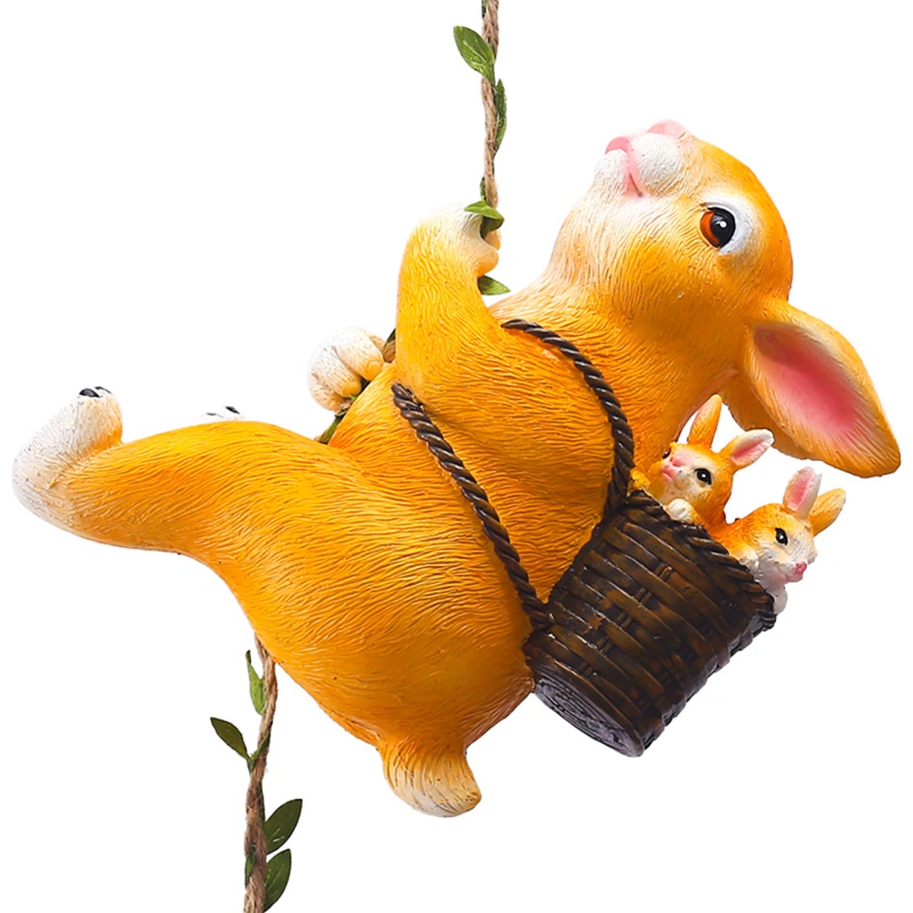 Climbing Rabbit Figurine, Cute Resin Bunny Statues with Hanging Rope 