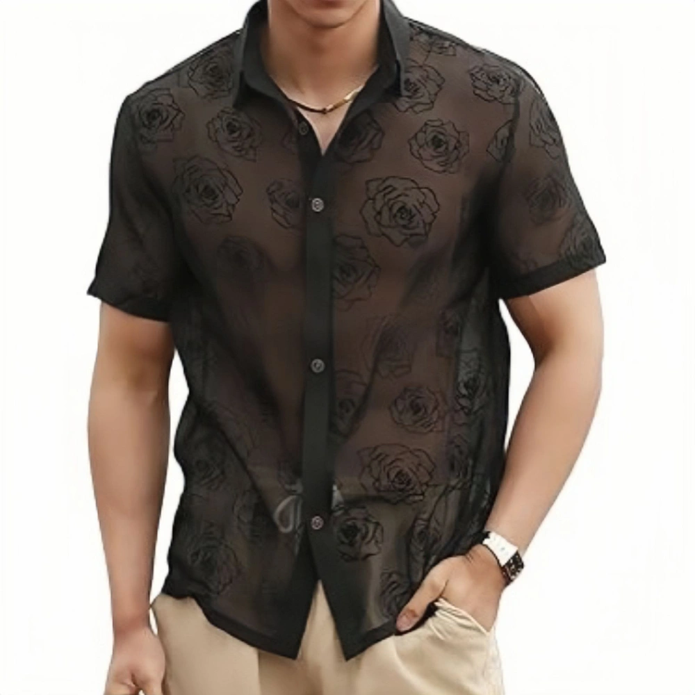 Men Button Down Shirts Casual Short Sleeve Rose Print Collared Shirts