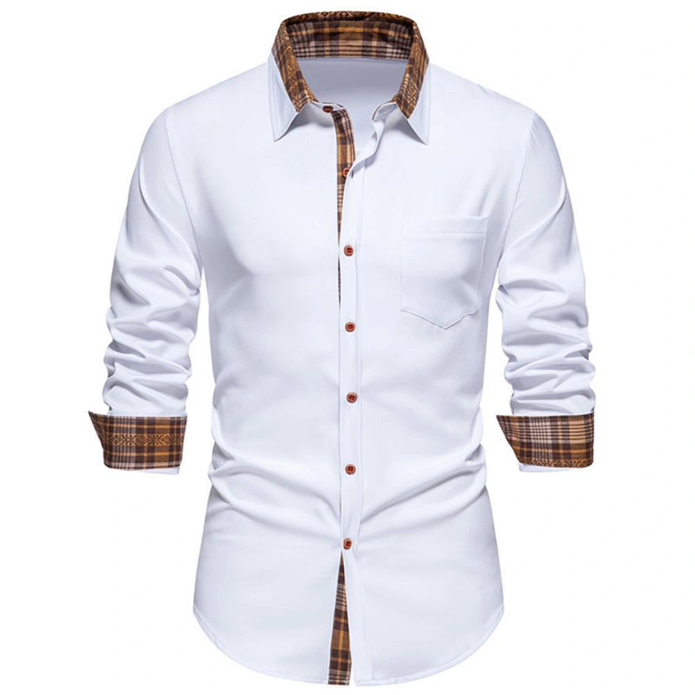 Men Slim Fit Shirts Plaid Patchwork Button-Down Long Sleeve Tops