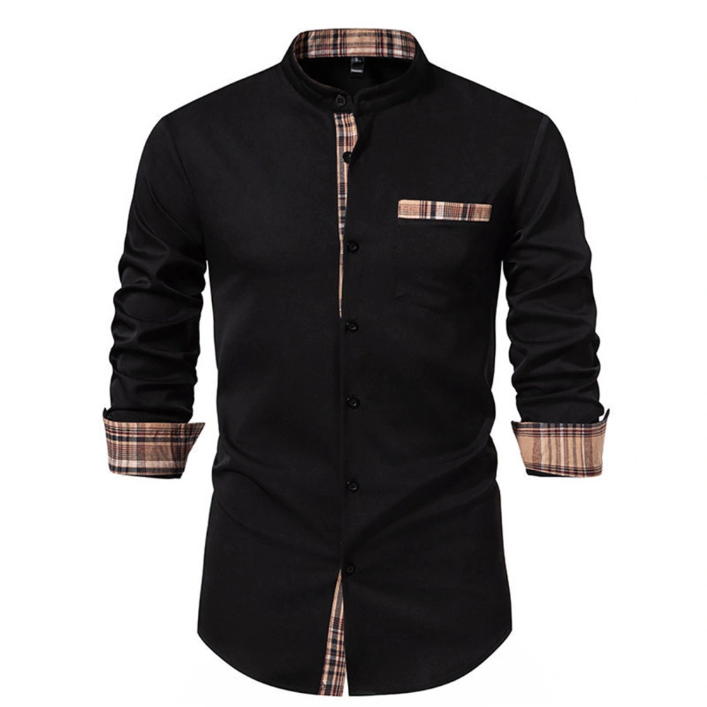 Men Casual Button Down Shirts Long Sleeve Band Collar Plaid Shirts