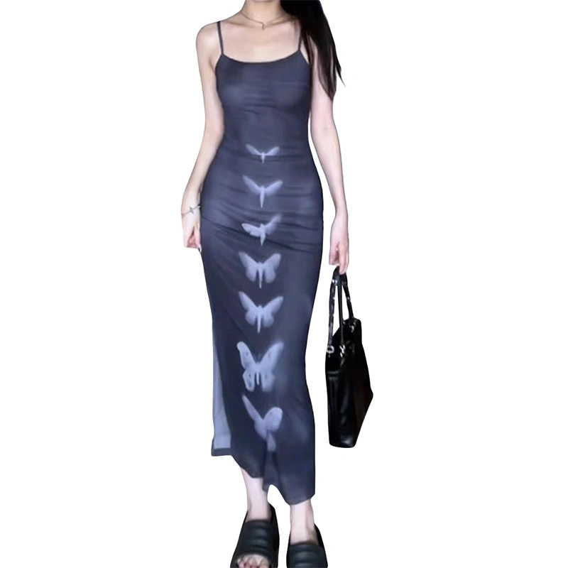 Women's Butterfly Print Cami Dress Spaghetti Strap Bodycon Long Dress