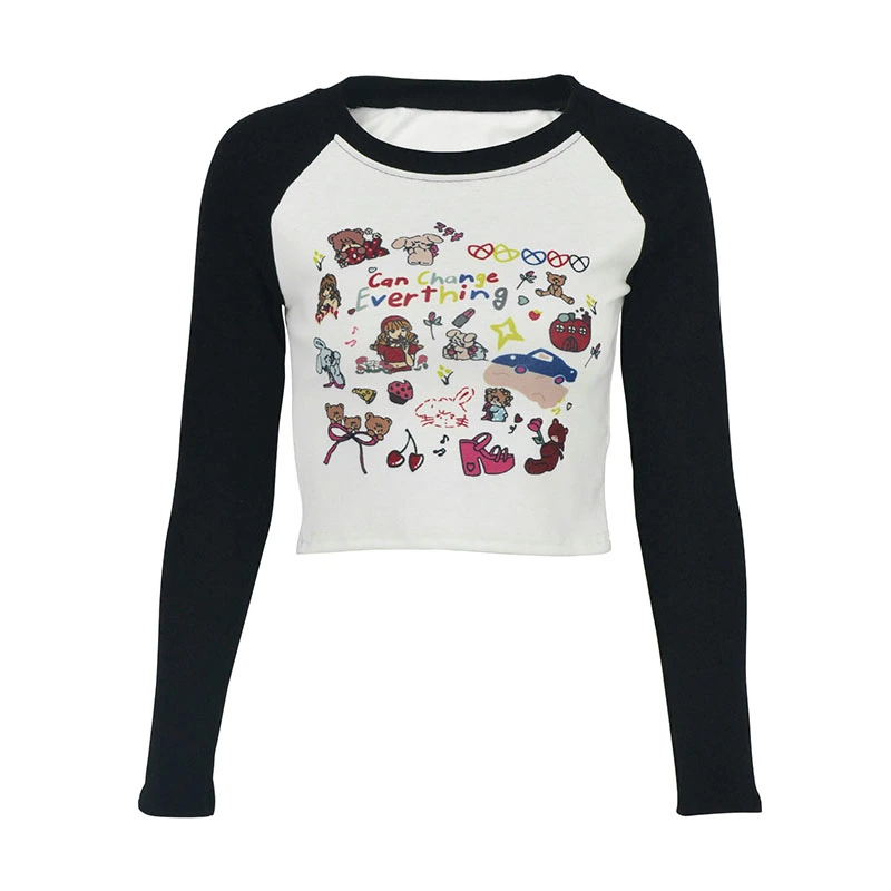 Women Round Neck Crop Tops Cartoon Print Contrast Color T-Shirts