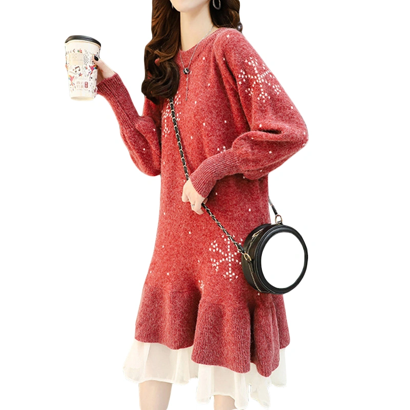 Women’s Knit Long Dress Lantern Sleeve Ruffle Hem Sweater Dress