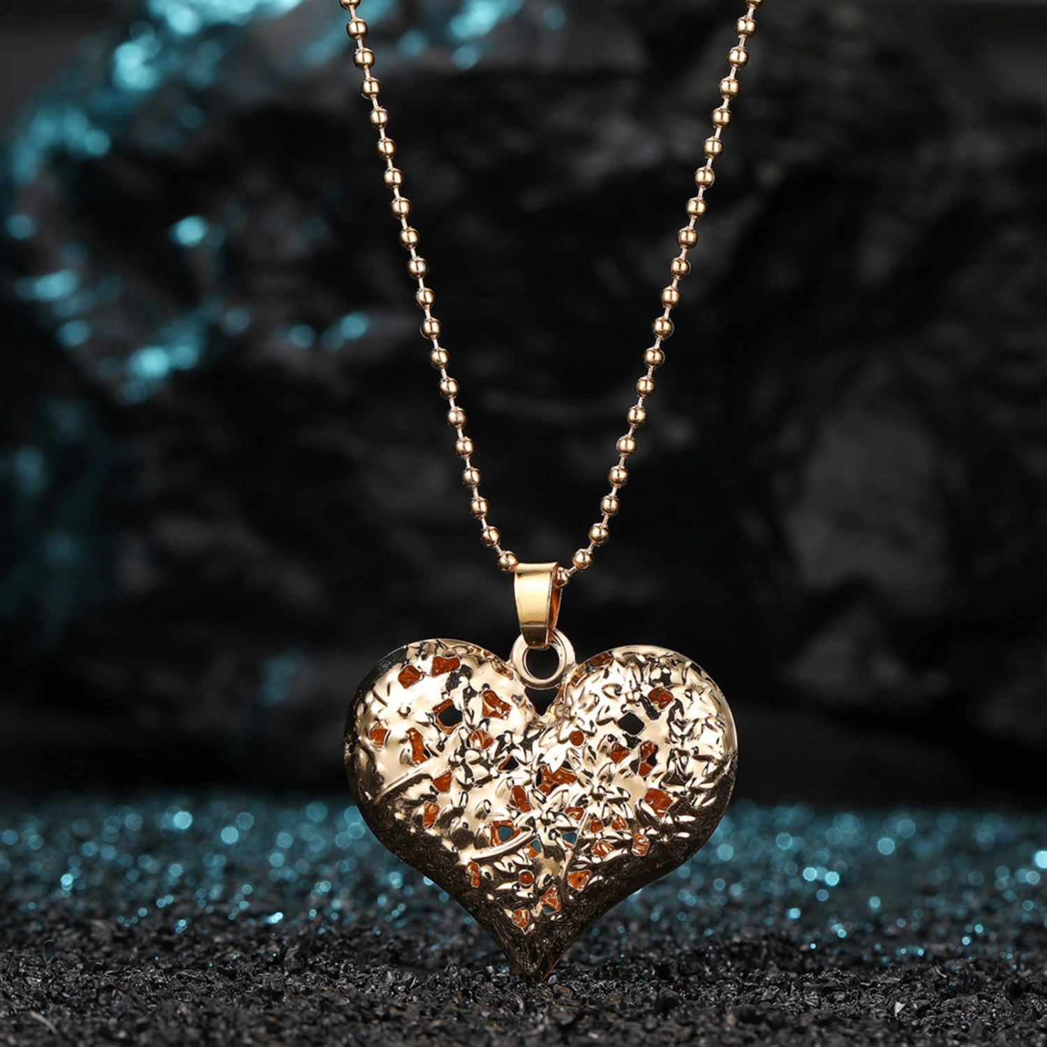 Women's Necklace with Hollowed Carved Heart Pendant Adjustable Chain