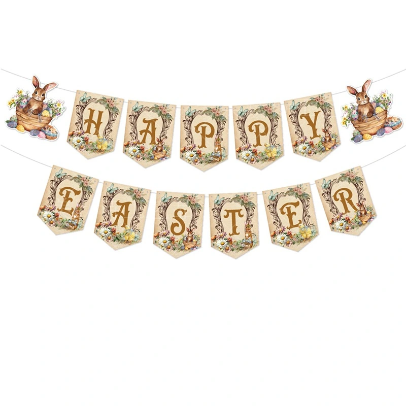 Happy Easter Banner Colorful Easter Bunny Garland Hanging Decorations