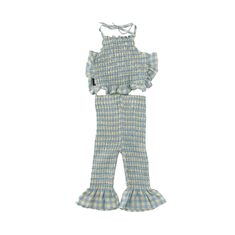 Girls Pants Set, Plaid Pleated Tie-up Halterneck Vest with Flare Pants