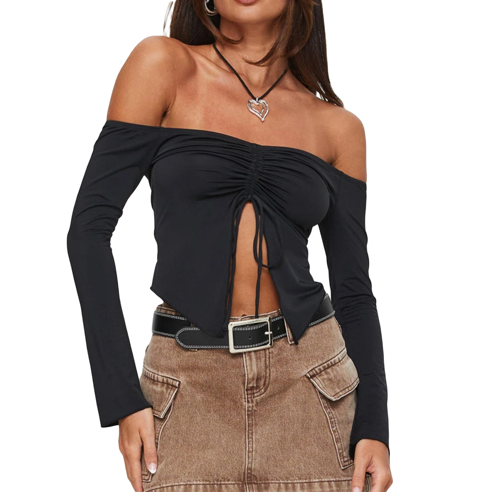 Women's Off Shoulder Long Sleeve Front Ruched Split Tie Up Crop Tops 