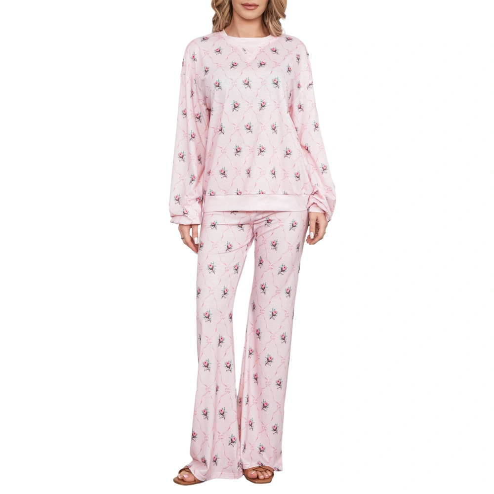 Women's Fall Loungewear Set, Flower Long Sleeve Pullover with Pants