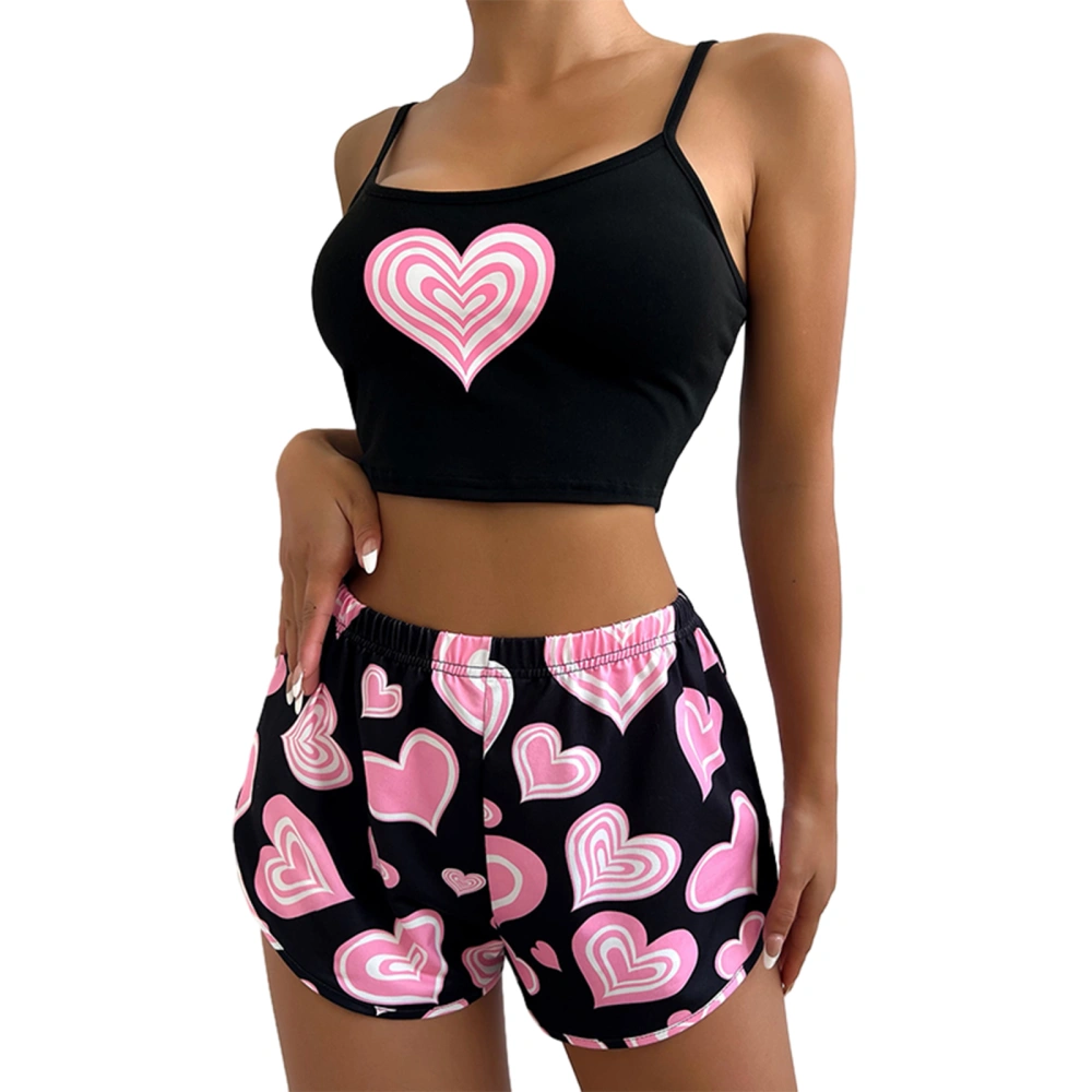 Women's Pajama Set, Spaghetti Strap Crop Tops + Elastic Waist Shorts 