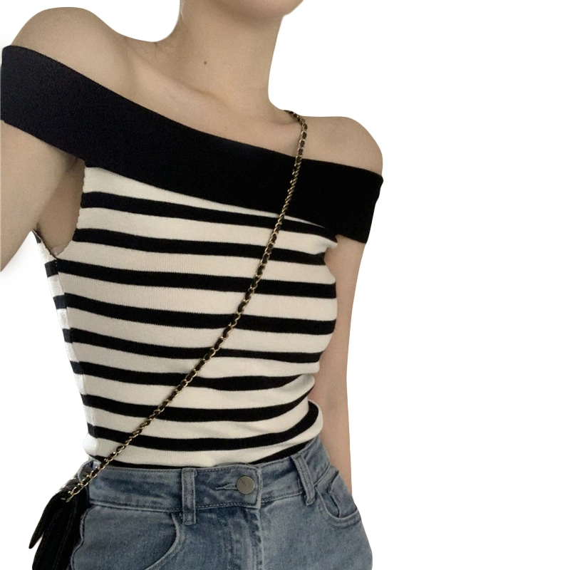 Women Knit Tops Contrast Stripe Boat Neck Off Shoulder Shirts Tops