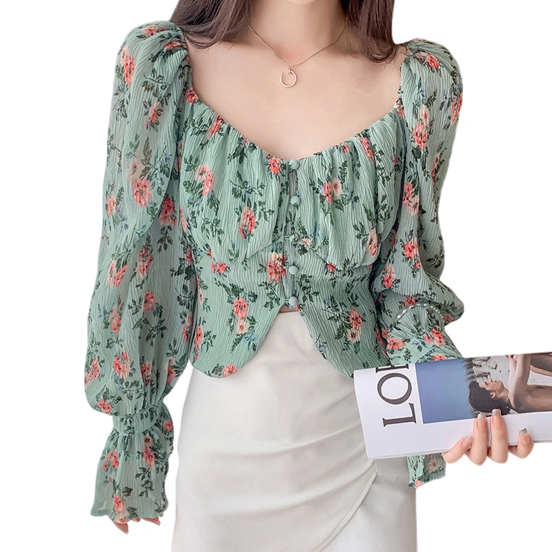 Women’s Floral Print Chiffon Tops Long Sleeve Scoop Neck Button Shirts