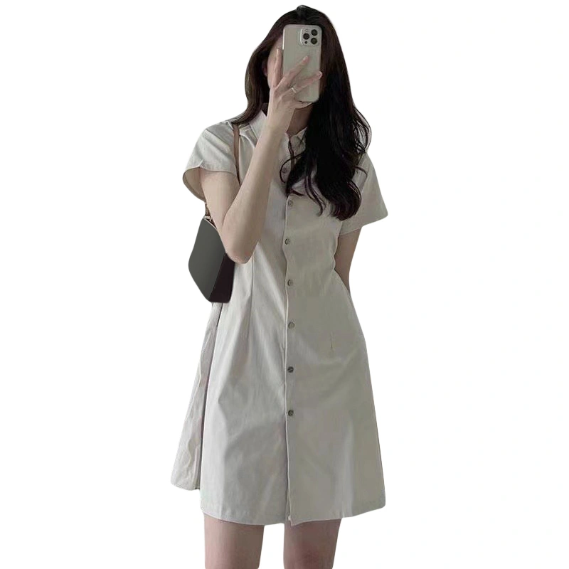 Women Shirt Dress, Short Sleeve Button-down Solid Mini A-line Dress