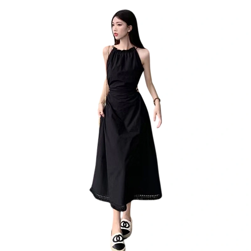 Women Long Dress Sleeveless Tassel Hem Hollow Waist Tie Up Dress