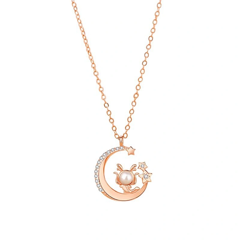 Women Moon Necklace Fashion Pearls Dragon Pendant Charm Necklace