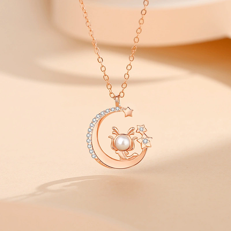 Women Moon Necklace Fashion Pearls Dragon Pendant Charm Necklace