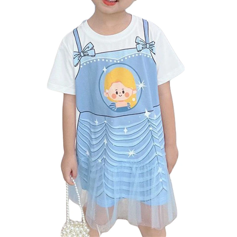 Girl's Short Sleeve Princess Dress Print Fake Two-Piece T-Shirt Dress 