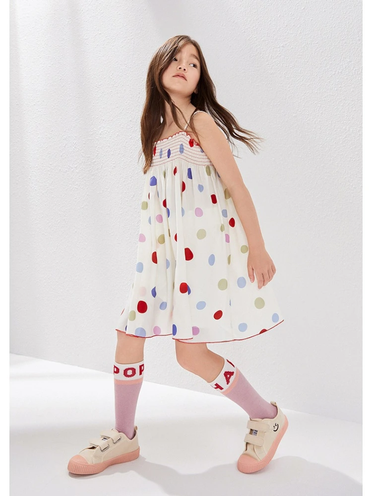 Girl's Loose Square Neck Shirred Dot Print Spaghetti Strap Dress 