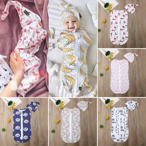 Newborn Infant Baby Cartoon Animal Zipper Swaddle Wrap Blanket + Hat