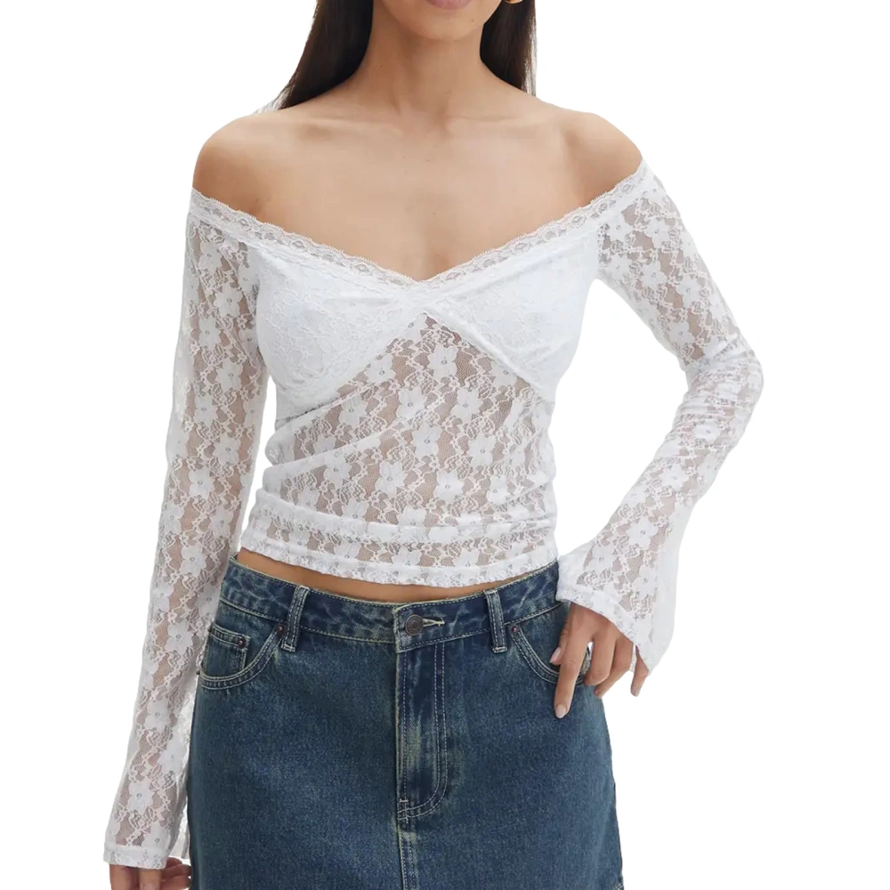 Women Crop Lace Tops Long Sleeve Off-Shoulder Shirt Casual Pullovers 