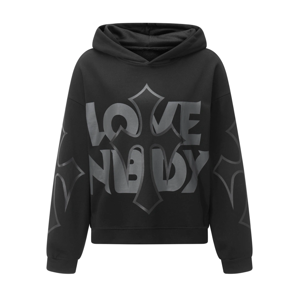 Women's Fall Hood Sweatshirt, Cross&Letter Print Long Sleeve Hoodies