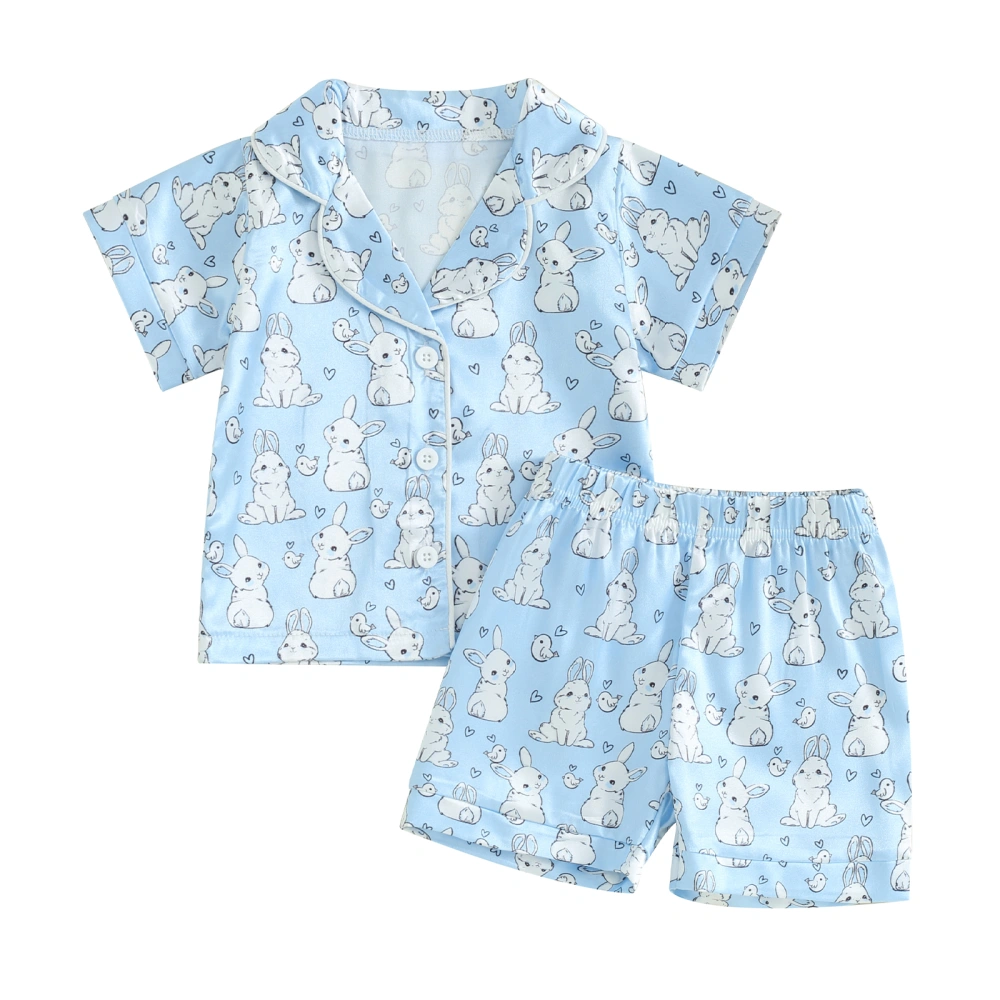 Kids Easter Pajamas Sets Bunny Print Button Shirt and Elastic Shorts