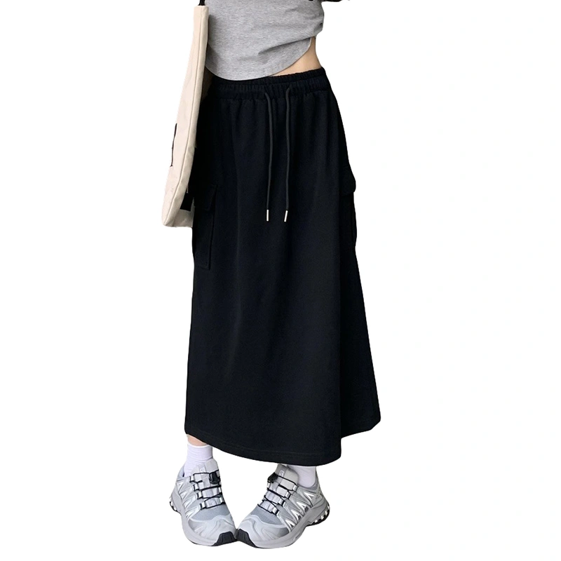 Women Drawstring Cargo Skirt Back Slit Long Skirt with 2 Flap Pockets