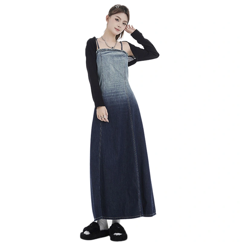 Women Slip Dress, Sleeveless Gradient Color Long Denim Dress