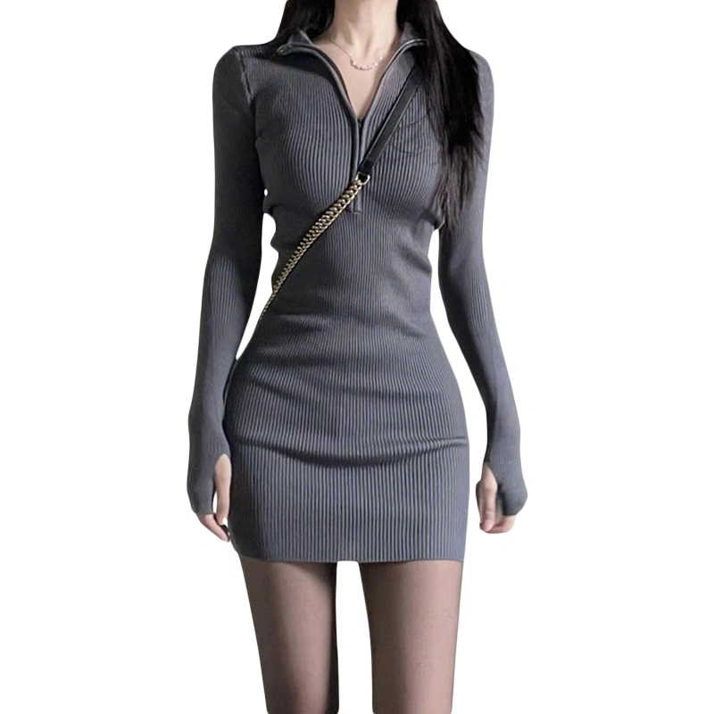 Women's Fall Mini Dress Fashion Long Sleeve Zip Front Bodycon Dress