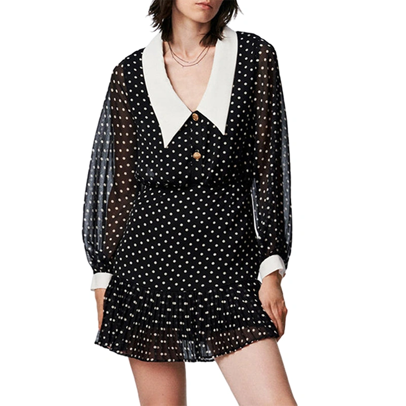 Women's Chiffon Mini Dress Long Sleeve Button Front Dots Print Dress