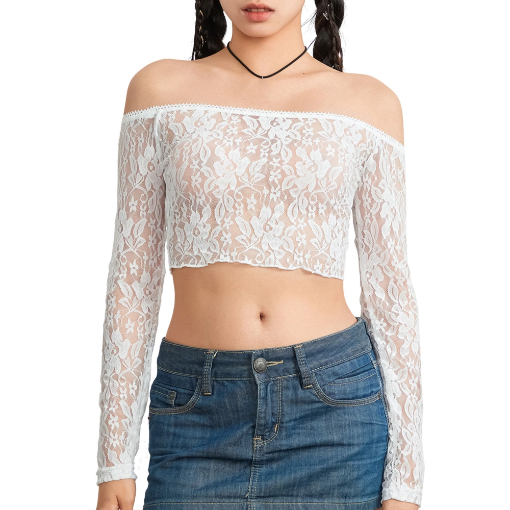 Women's Summer Long Sleeve Off Shoulder Lace Floral T-shirts