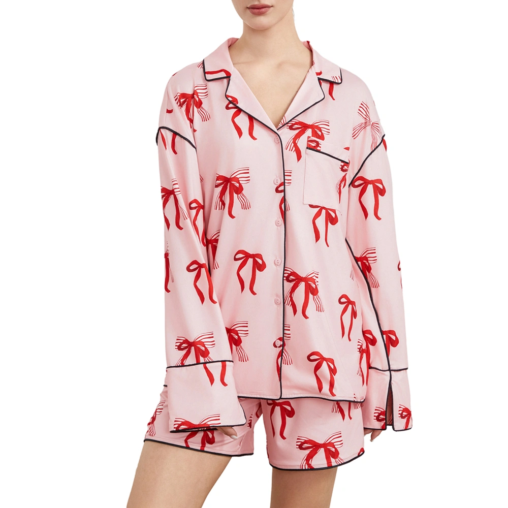 Women's Pajama Set, Long Sleeve Print Tops + Elastic Waist Shorts 