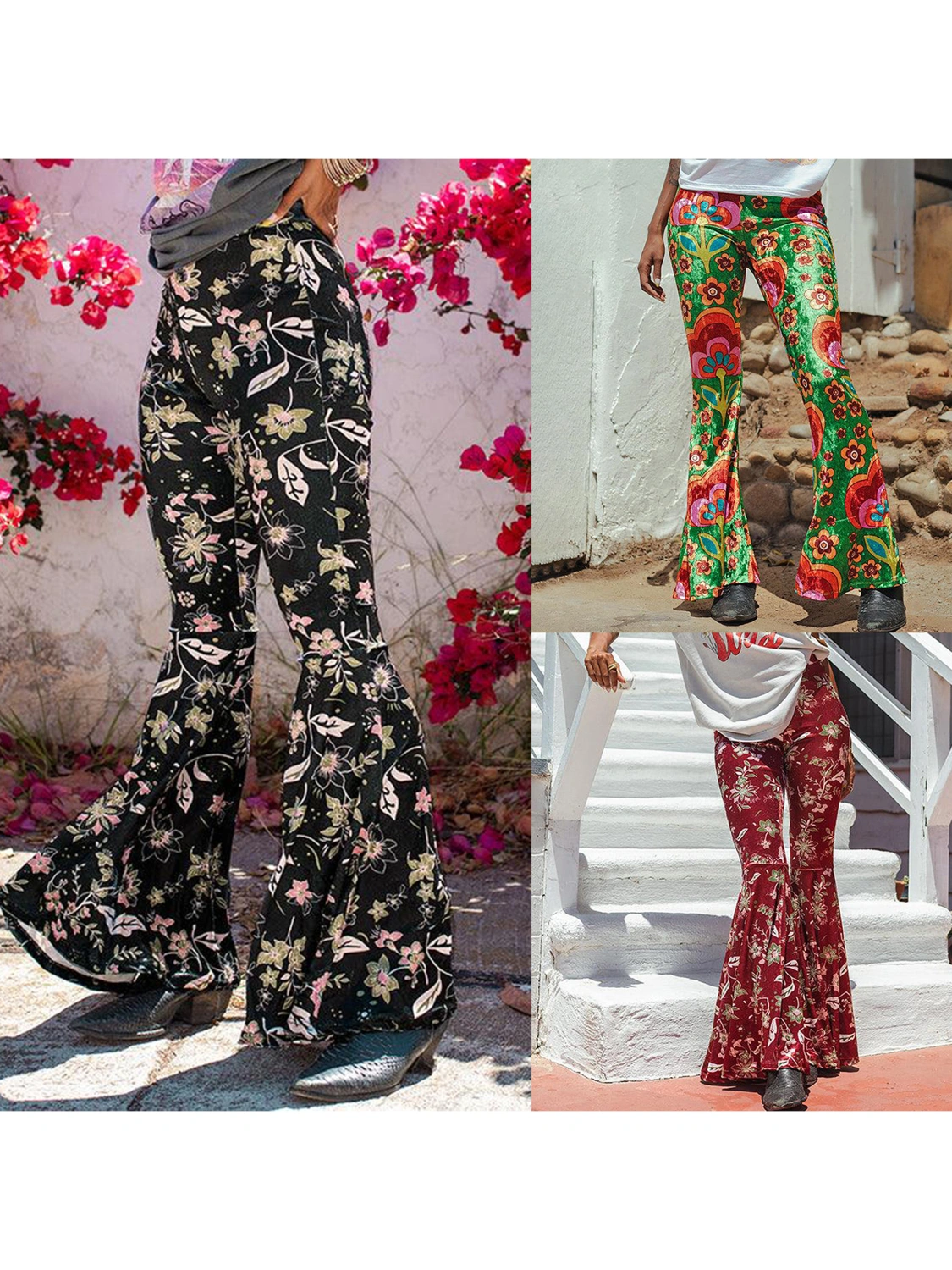 Women High Waist Pants Ethnic Style Floral Print Flare Pants Trousers