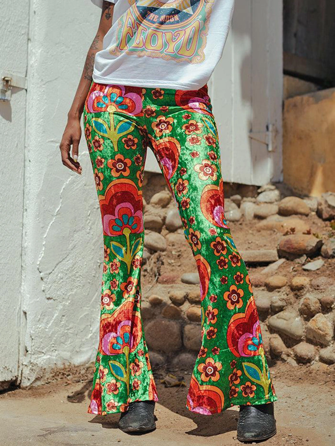 Women High Waist Pants Ethnic Style Floral Print Flare Pants Trousers