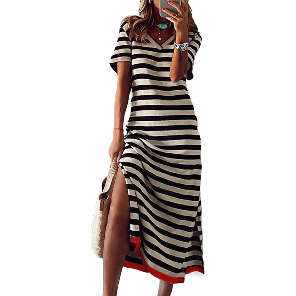 Women Loose V Neck Short Sleeve Side Split Striped Long T-Shirt Dress 