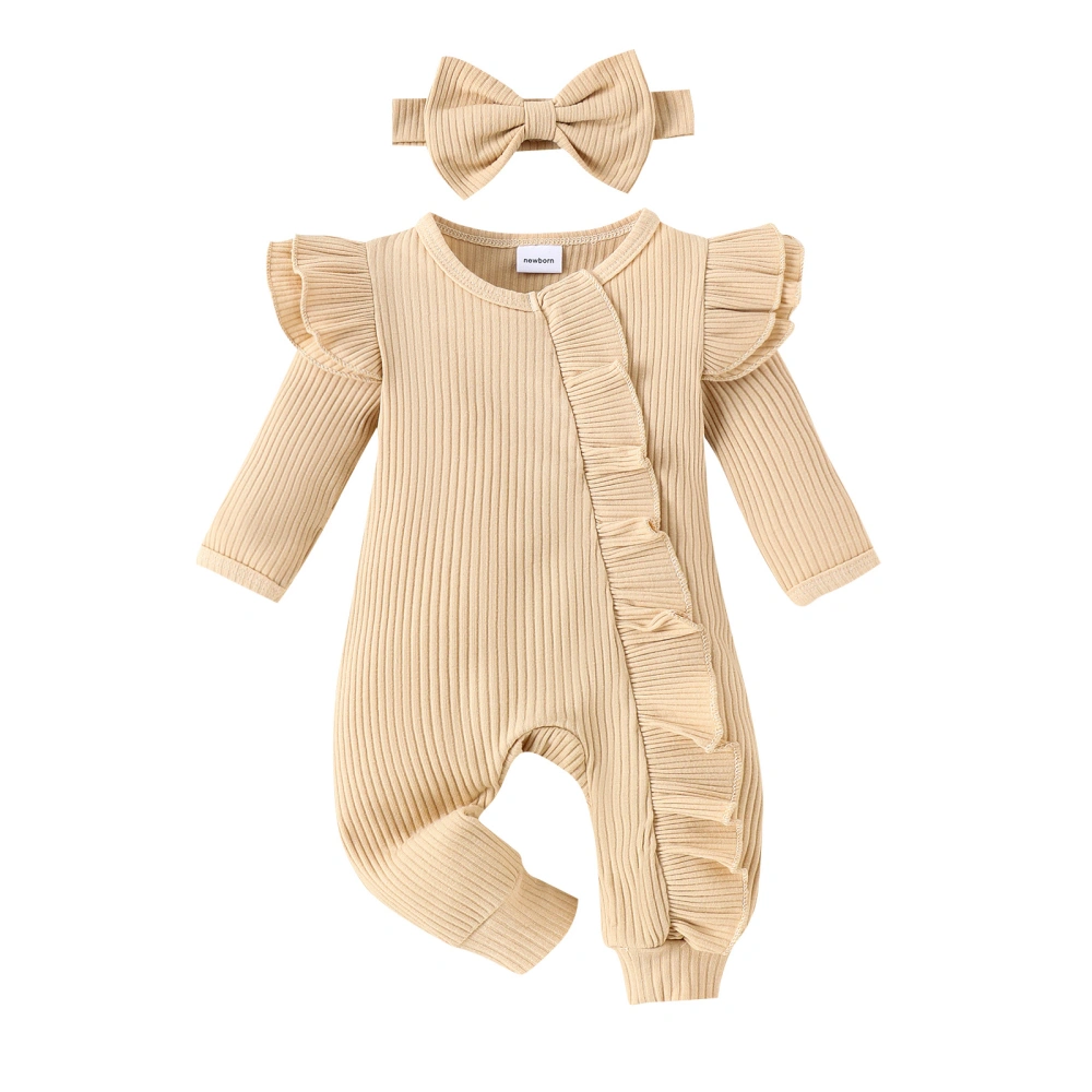 Baby Girl Set, Long Sleeve Ruffled Ribbed Romper + Bow Headband 