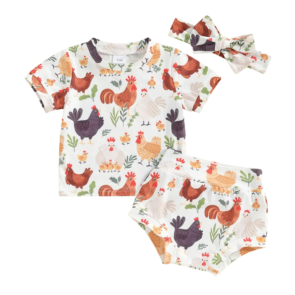 Baby Shorts Outfit Rooster Print Short Sleeve T-Shirt Shorts Headband