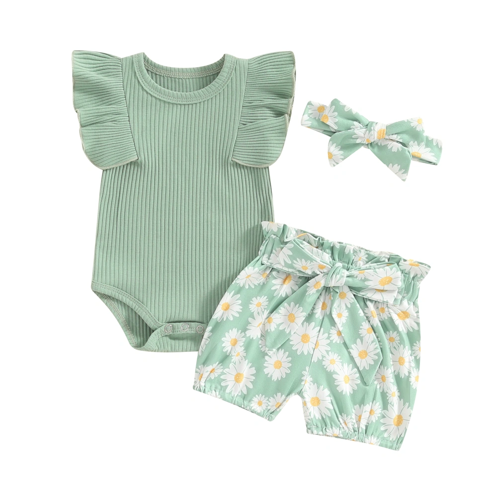 Baby Shorts Sets Short Sleeve Romper Daisy Print Shorts Headband Set