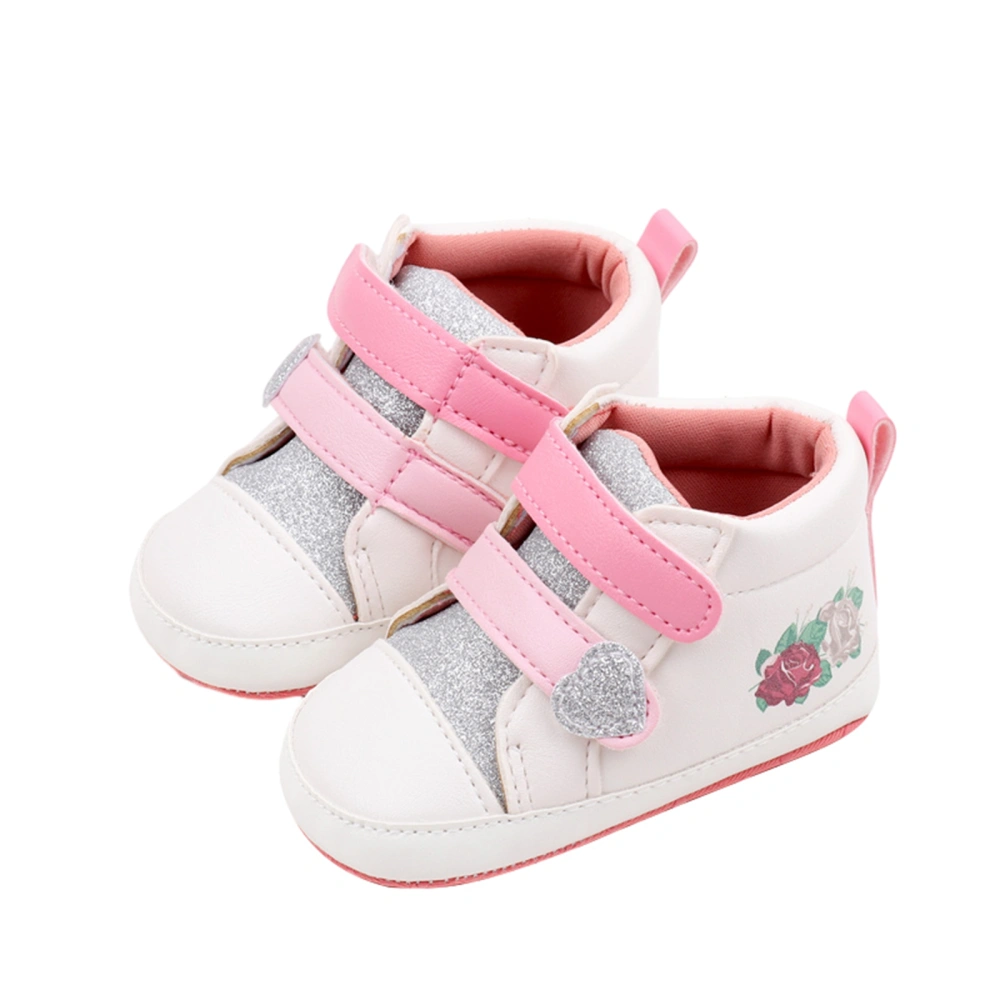 Baby Girl Soft Non-Slip Side Flower Print PU Upper Sparkle Shoes