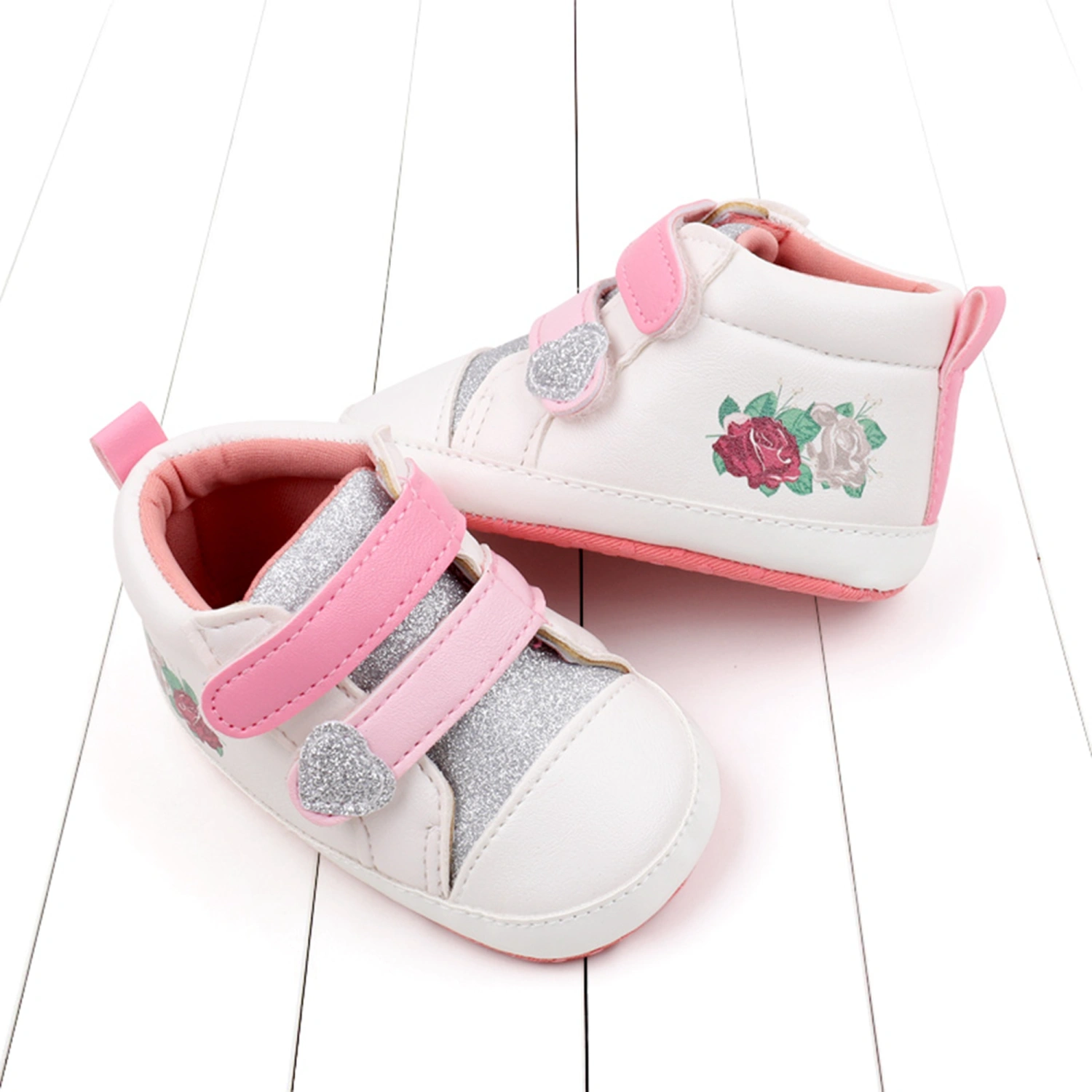 Baby Girl Soft Non-Slip Side Flower Print PU Upper Sparkle Shoes